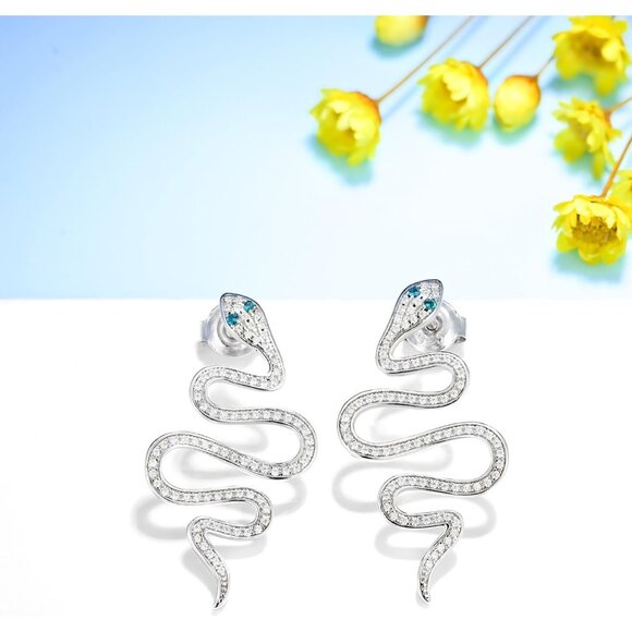 925 Sterling Silver Snake Dangle Earrings with Cubic Zirconia for Women - Picture 7 of 9